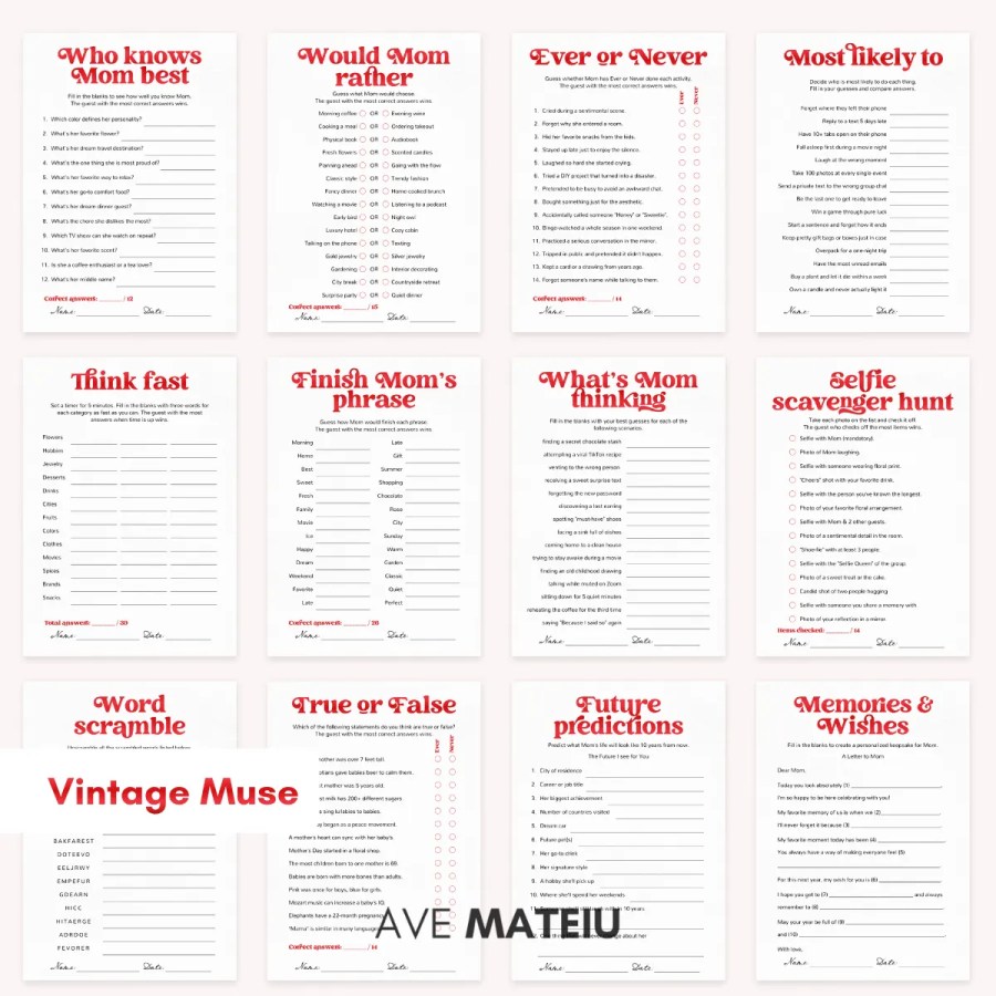 Printable Mother's Day games bundle with 12 activities including Who Knows Mom Best, Most Likely To, Word Scramble, True or False, Future Predictions, and Memories and Wishes in Vintage Muse design