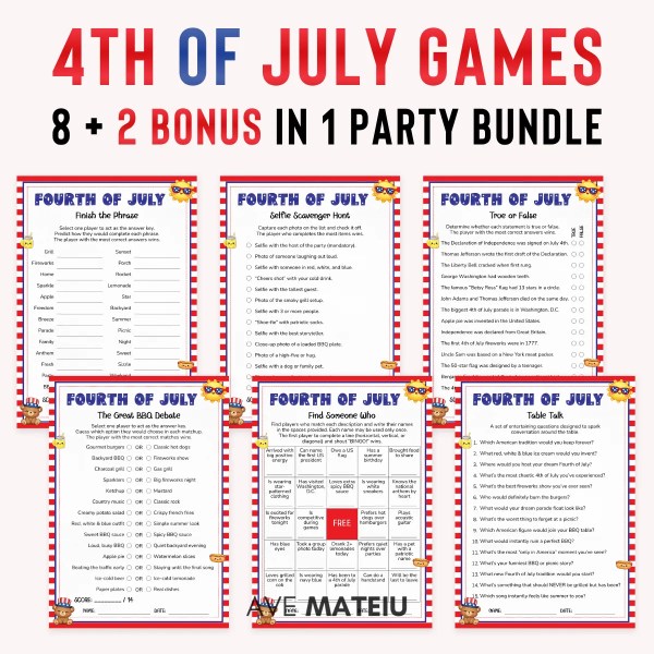 4th of July games printable bundle with 8 fun party games and 2 bonus keepsakes featuring Finish the Phrase, Selfie Scavenger Hunt, True or False, The Great BBQ Debate (This or That variant), Find Someone Who Bingo, and Table Talk in Cute Kawaii style