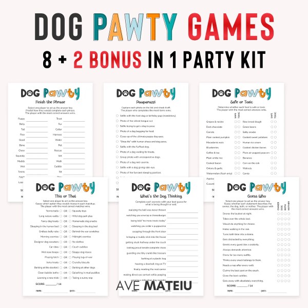 Dog games printable bundle with 8 printable party games and 2 bonus keepsakes featuring Finish the Phrase, Pawparazzi, Safe or Toxic, This or That, What's the Dog Thinking, and Guess Who for dog lovers, Barkday parties, and puppy birthdays