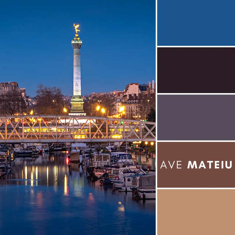 The July Column at Night Color Palette 421 by Ave Mateiu featuring the illuminated July Column at night with five elegant and moody color swatches