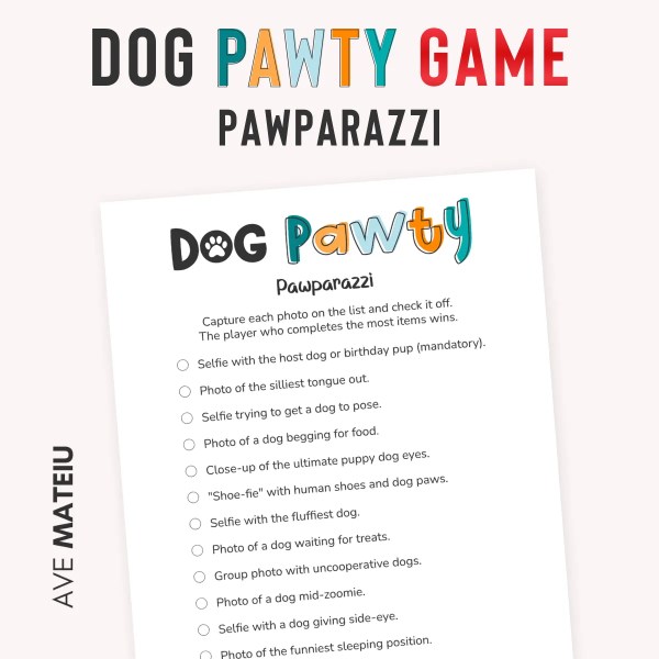 Dog photo scavenger hunt printable featuring the Pawparazzi party game in Dog Vision style, a fun dog photo challenge for dog birthday parties, dog lovers, and special celebrations