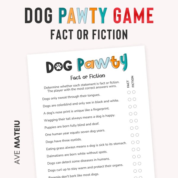 Dog trivia printable featuring the Fact or Fiction party game in Dog Vision style, a fun printable dog trivia game for dog lovers, birthdays, and party nights