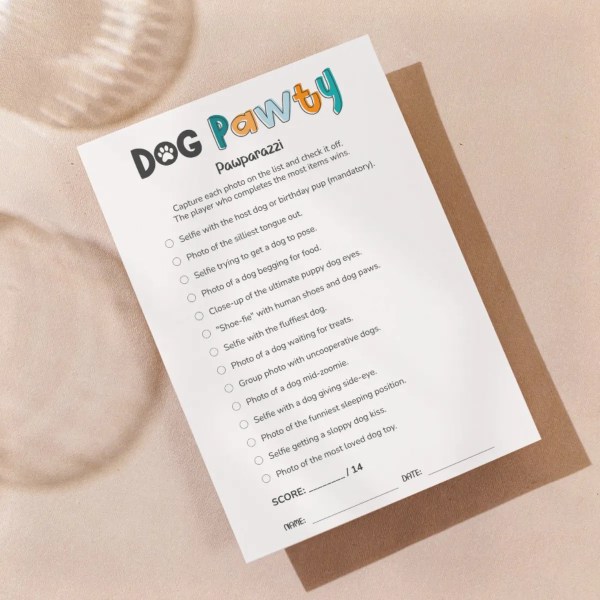 Pawparazzi dog photo challenge printable game in Dog Vision style, perfect for dog party activities, Barkday parties, and family gatherings