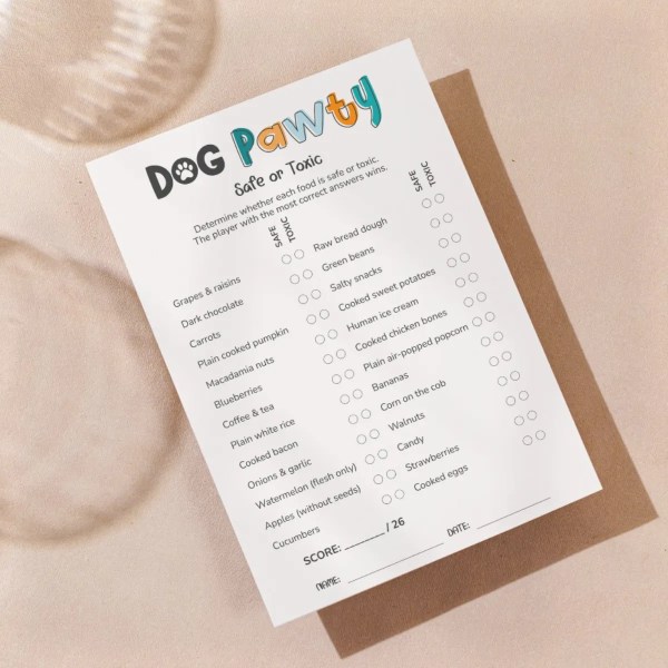Mockup of the Safe or Toxic printable dog game displayed in the Dog Vision design, featuring a food safety quiz for dog lovers.