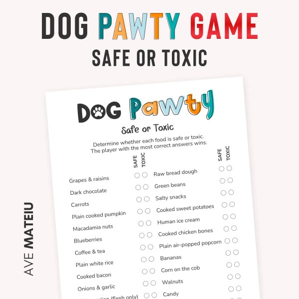 Cover image for the Safe or Toxic for Dogs printable party game showing sample food cards in the Dog Vision design, where players guess which foods are safe or harmful for dogs.