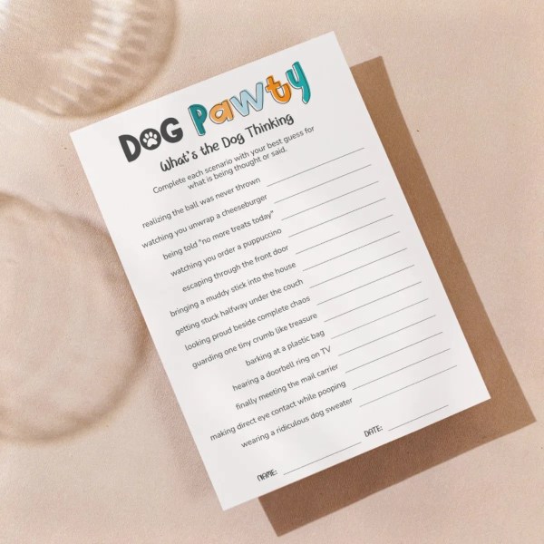 Mockup of the What's the Dog Thinking game in the Dog Vision design style, where players guess what a dog might be thinking in different funny scenarios.